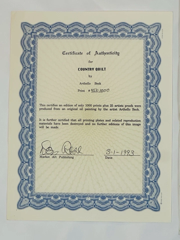 Country Quilt Arthello Beck Jr 签名限量版 453/1000 带真品证明 — 第 3/4 张图片