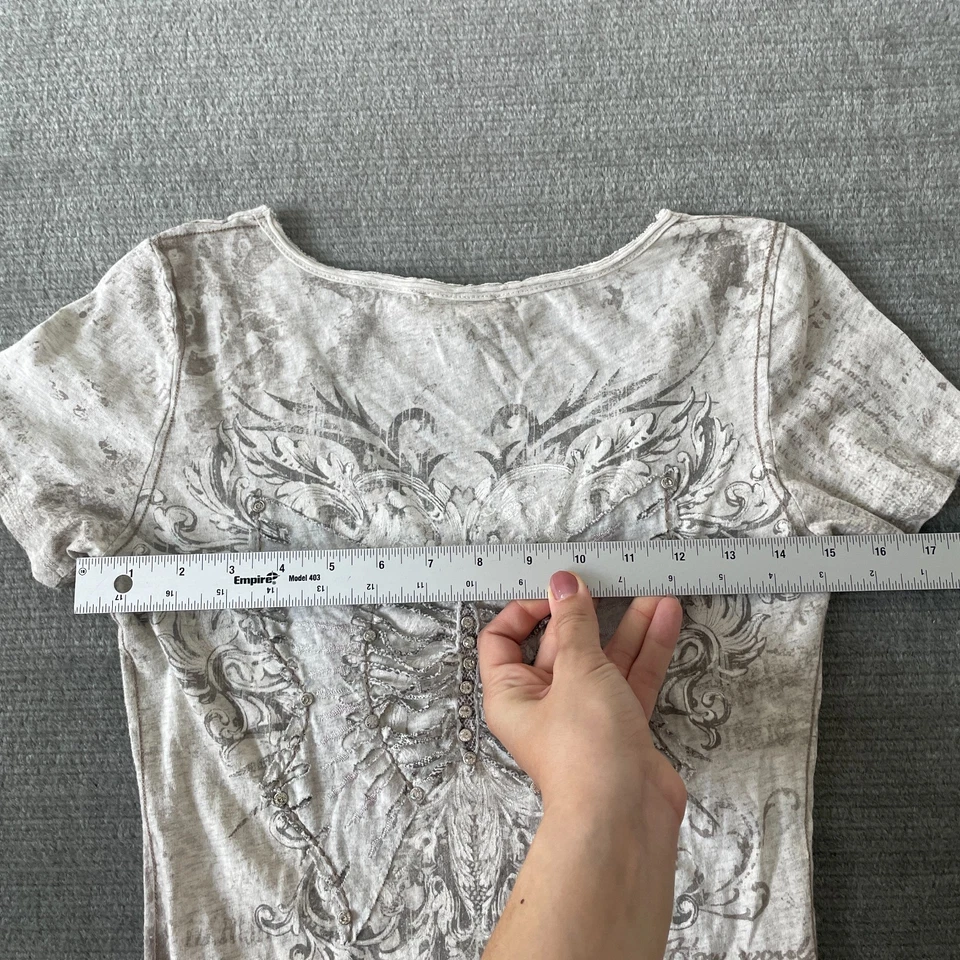 Miss Me T Shirt Women S Gray V Neck Tattoo Style Y2K Butterfly Rhinestones - Image 4 of 4