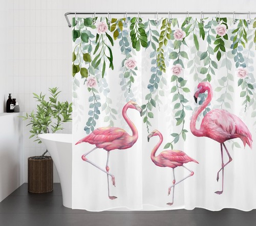Pink Flamingo Shower Curtain Rose Flower in Green Leaf Shower Curtain Set wit... - Picture 2 of 7