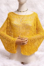 Handgestrickter Netz Pullover Gelb Unikat Boho Sommer Top Oversize Gr. M 38/40
