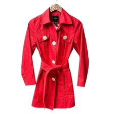 Smythe Belted Long Sleeve Collared Trenchcoat Trench Jacket Red White Button 6