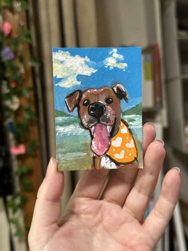 ACEO Original Puppy Beach Day, Animal, Dog, Gouache Art 2.5x3.5
