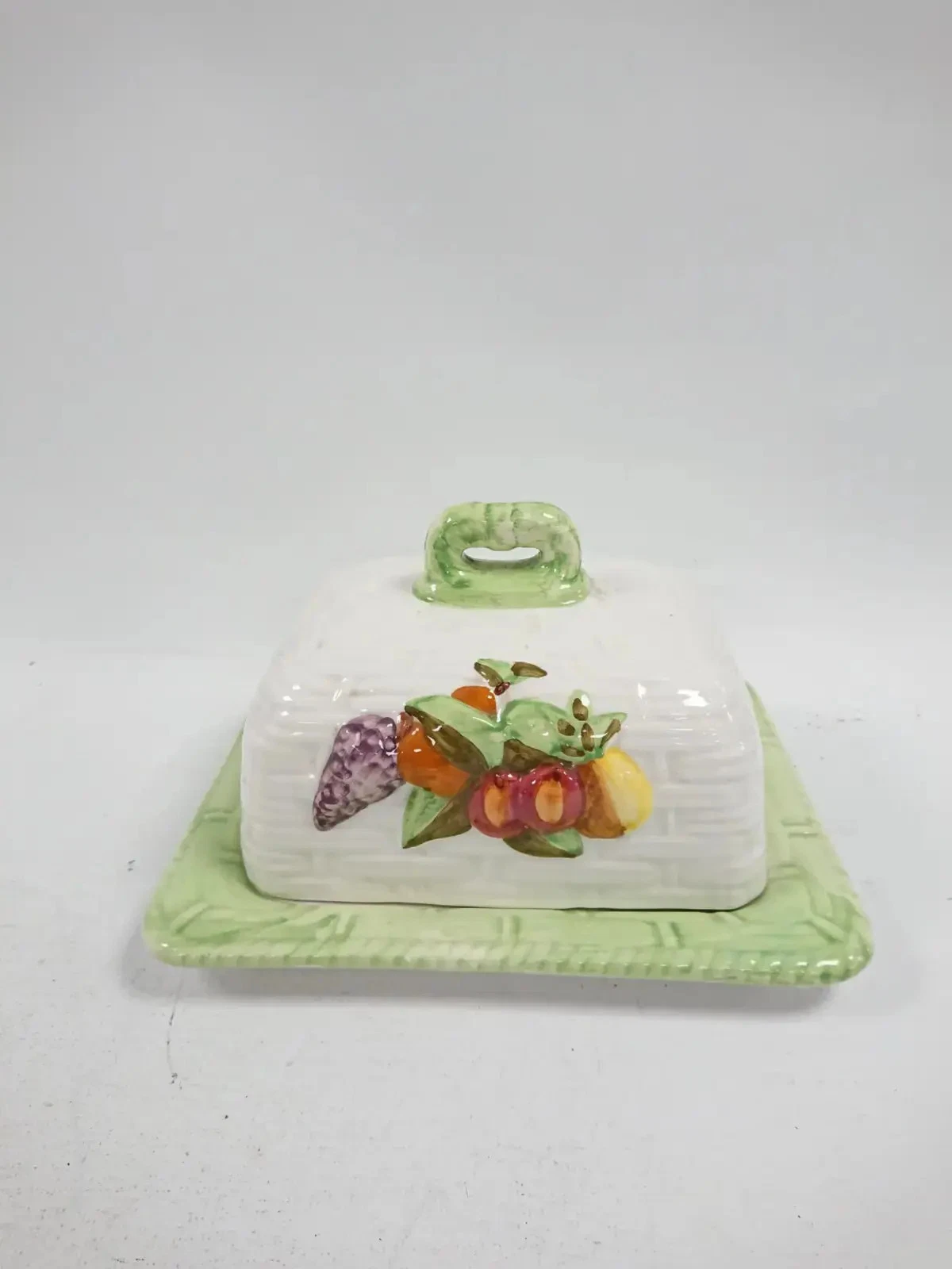 Vintage Ceramic Fruit Design Butter Dish with Lid & Plate Decorative Collectible