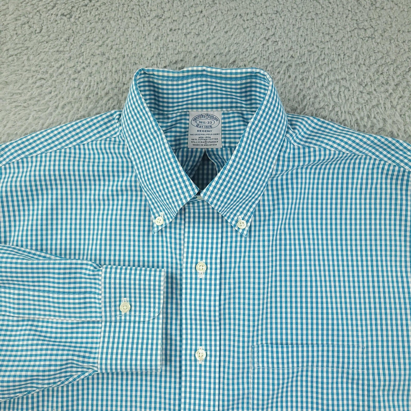 Brooks Brothers Shirt Mens 16.5 33 Blue Gingham Regent Non Iron Supima Cotton
