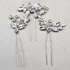 Rhinestone Hair Pins Set Clear Crystal Bridal Wedding Silver Tone 3pc