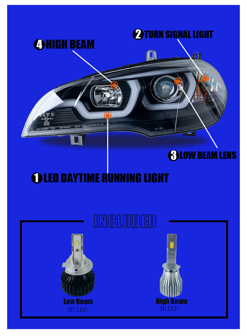 For BMW X5 E70 0713 LED Headlight Assembly LED DRL Replace Halogen