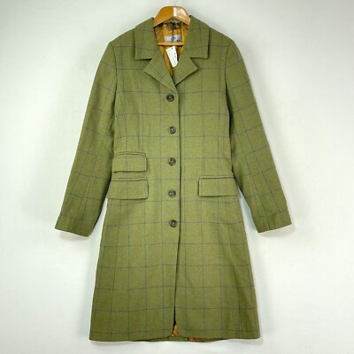 Oliver Brown Tweed Coat Womens Green Check Wool Long Country Covert  Races UK