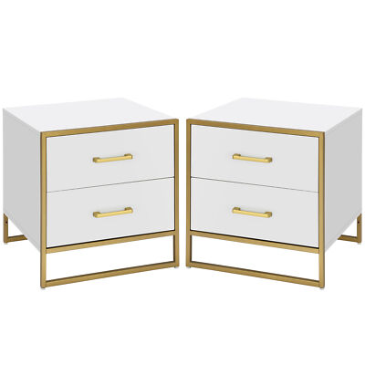 Phabules 2 Gold White Nightstands w/ 2 Drawers Bedside Table Sofa Side End Table