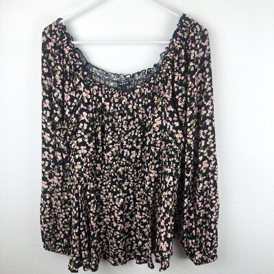 Torrid Top 2XL Peasant Black Pink Floral Long Sleeves Under Bust Elastic   A24