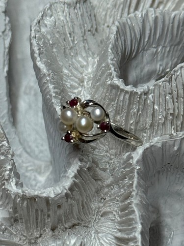 925 STERLING SILVER PEARLS & RUBY RING SIZE 8 - Picture 12 of 17