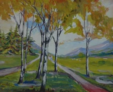 Beautiful Gouache Summer Landscape with Figures Walking On A Path & Sheep