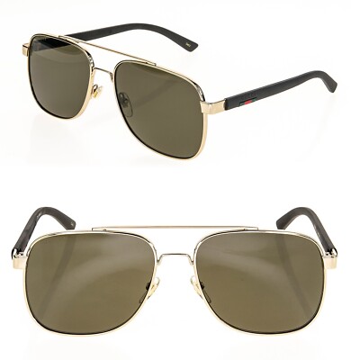 GUCCI STRIPE 0422 Brown Rubber Gold Square Navigator Unisex Sunglasses  GG0422