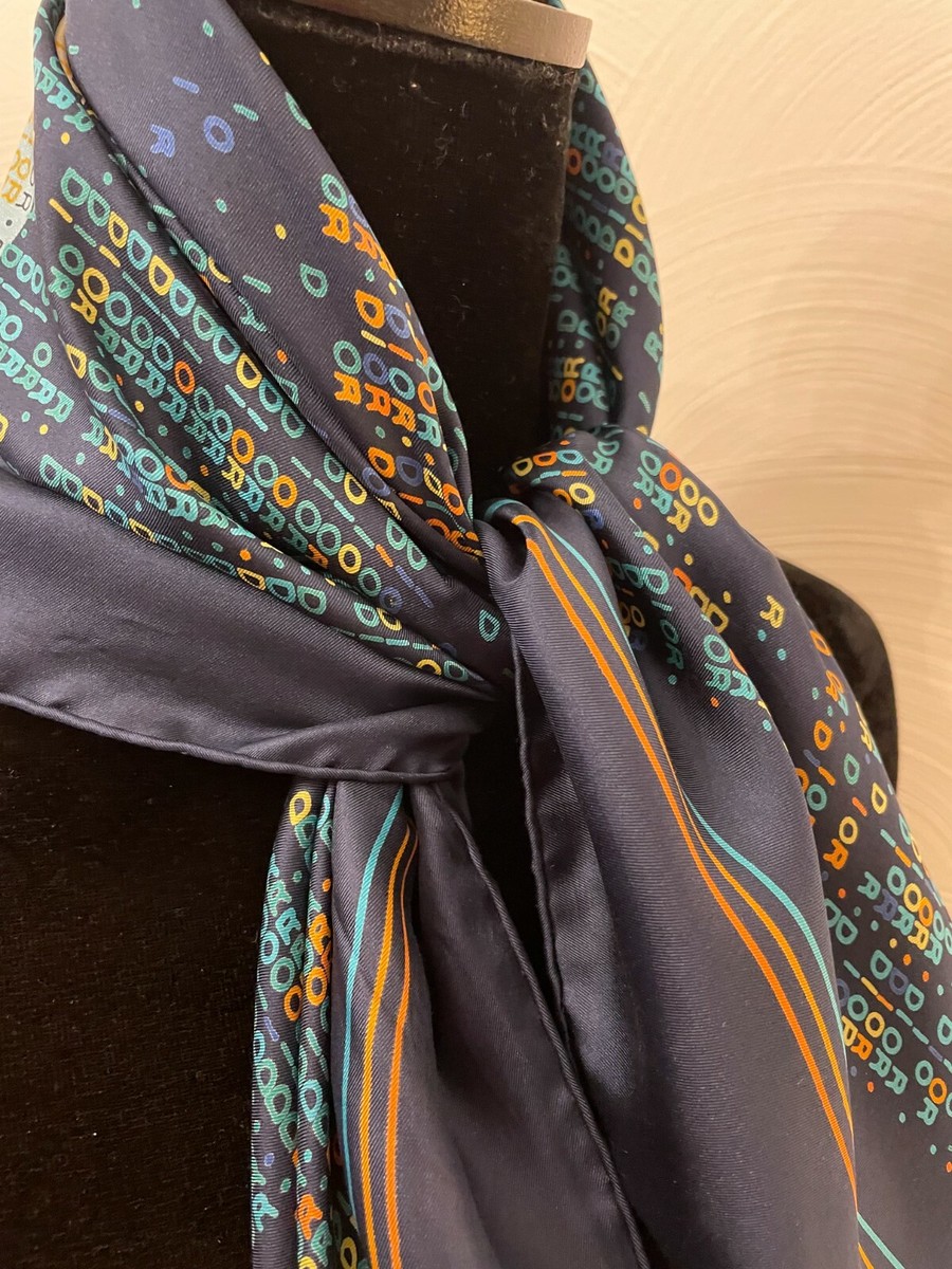 Vintage Christian Dior Womens Square Scarf Navy Blue Retro