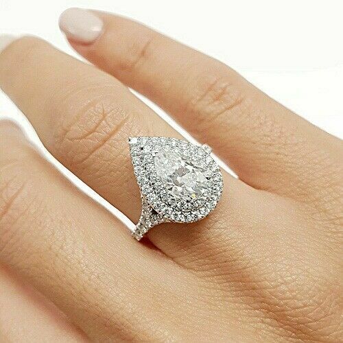 3.Ct Pear Cut Simulated Diamond Halo Engagement Wedding Ring 14K White
