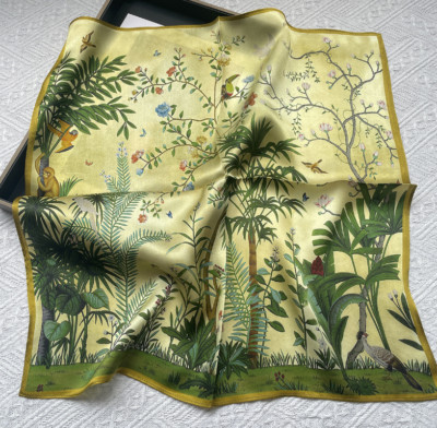 100% Mulberry Silk 20'' Square Scarf Women Neckerchief Wrap Green Jungle Print