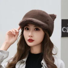 Lady Faux Fur Baseball Cap Trapper Hat Cat Ear Cute Winter Warm Fluffy Plush