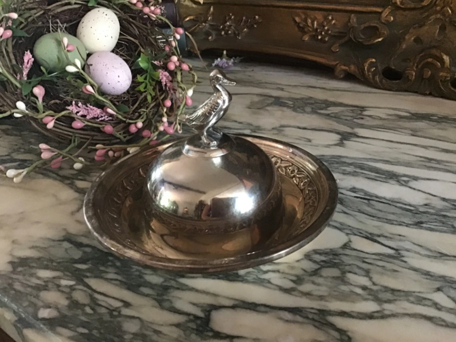 Reed & Barton 2 Piece Covered Butter Dish w/ duck on top