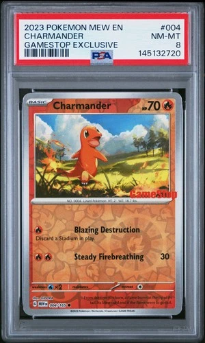 2023 POKEMON MEW EN-151 GAMESTOP EXCLUSIVE #004 CHARMANDER PSA 8
