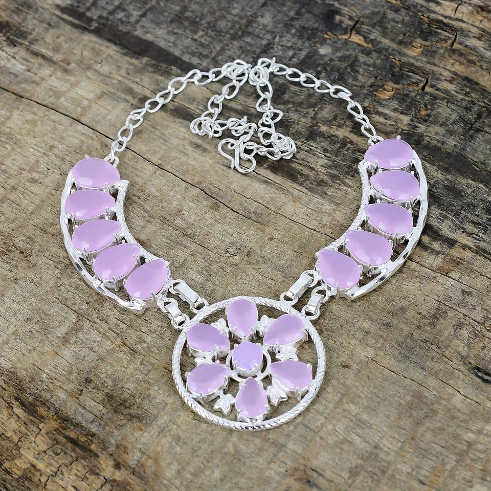 Rosa Calcedonio Gemma 925 Argento Sterling Mano Gioielli Collana Love Regalo - Immagine 2 di 4