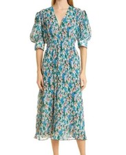 S325 New GANNI Floral Pleated Georgette Midi Dress Size: 36 Fit S/M