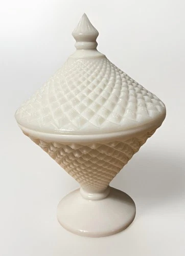 Vintage White Milk Glass Westmoreland English Hobnail Diamond Candy Dish Compote