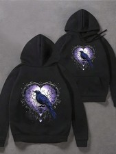 Men's Heavyweight Hoodie - Gothic Crow Heart Graphic Pullover Sweatshirt, Black