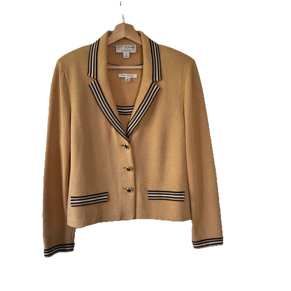 Blazer y conjunto sin mangas vintage Y2K St. John tejido camel con ribete a rayas negras - 10 Foto 2 de 4