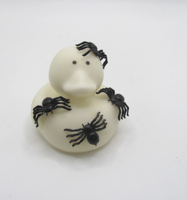HAND DECORATED WHITE RUBBER DUCK W/ BLACK SPIDERS