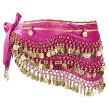 Belly Dance Hip Scarf 59x11" with 248 Gold Coin, Rose Pink