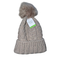 Time And Tru Hat Beanie Fitted Womens One Size Beige Cable Knit Faux Fur Pom