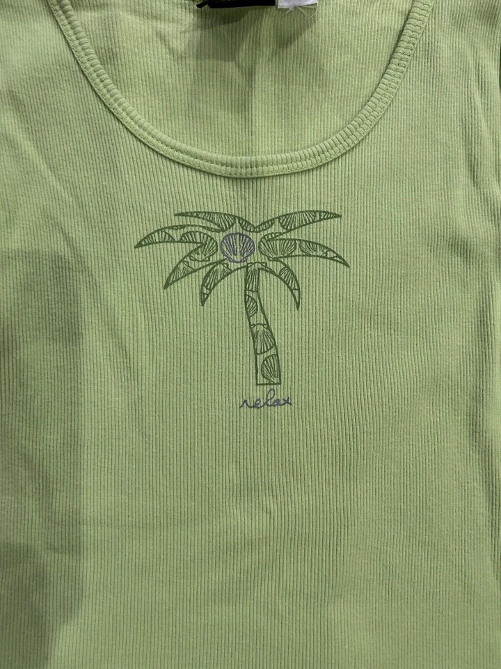 Camiseta sin mangas acanalada vintage BCG verde palmera relax años 90 Y2K preppy boho talla grande Foto 2 de 4