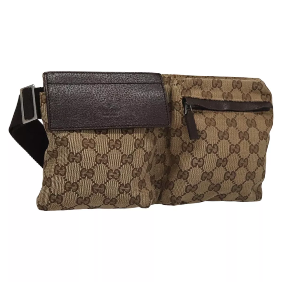 Sac taille toile GUCCI GG beige marron argent 28566 authentique 111860