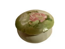 Vintage RS Germany Round Green Floral Design Covered Trinket Dish