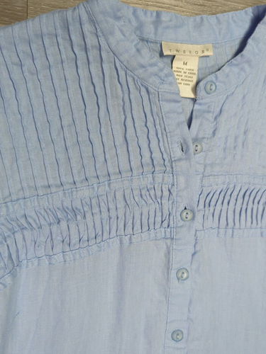 Tweeds 100% Linen Blouse Button Front Pintuck Smocking Puff Sleeve Size M - Picture 3 of 7