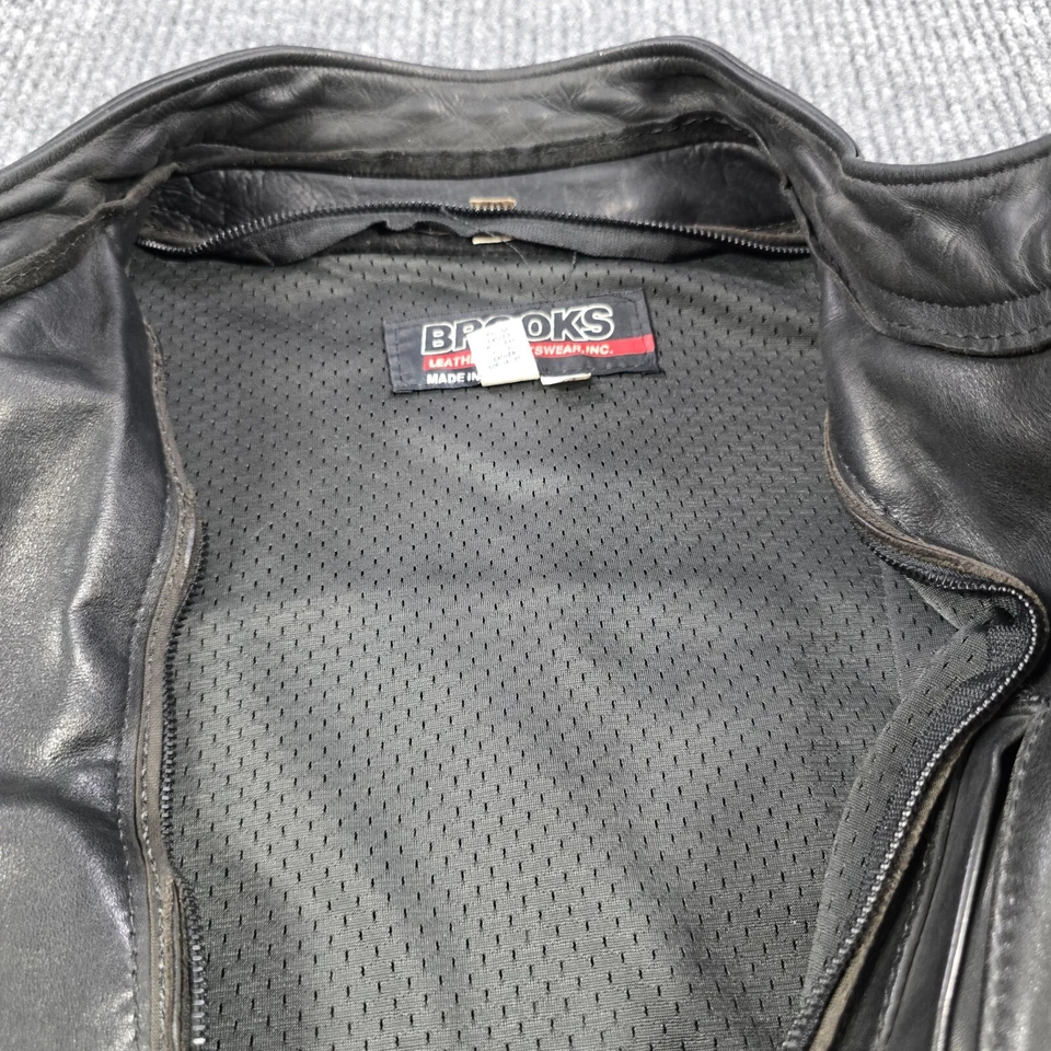 Vintage Brooks Motorcycle Jacket Mens 44 Brown Leather Full Zip Grunge USA Made - Image 4 of 4