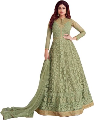 green emerald velvet dress Seafoam Green Shamita Shetty Net Wedding Anarkali Suit main image 0