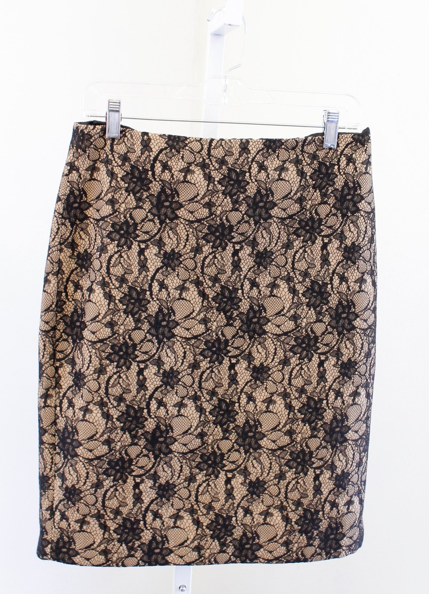 NWT Talbots Womens Tan Black Floral Lace Illusion Pencil Skirt