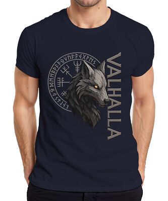 Valhalla Wikinger Wolfskopf Runen Nordische Mythologie Fenrir Herren T-Shirt