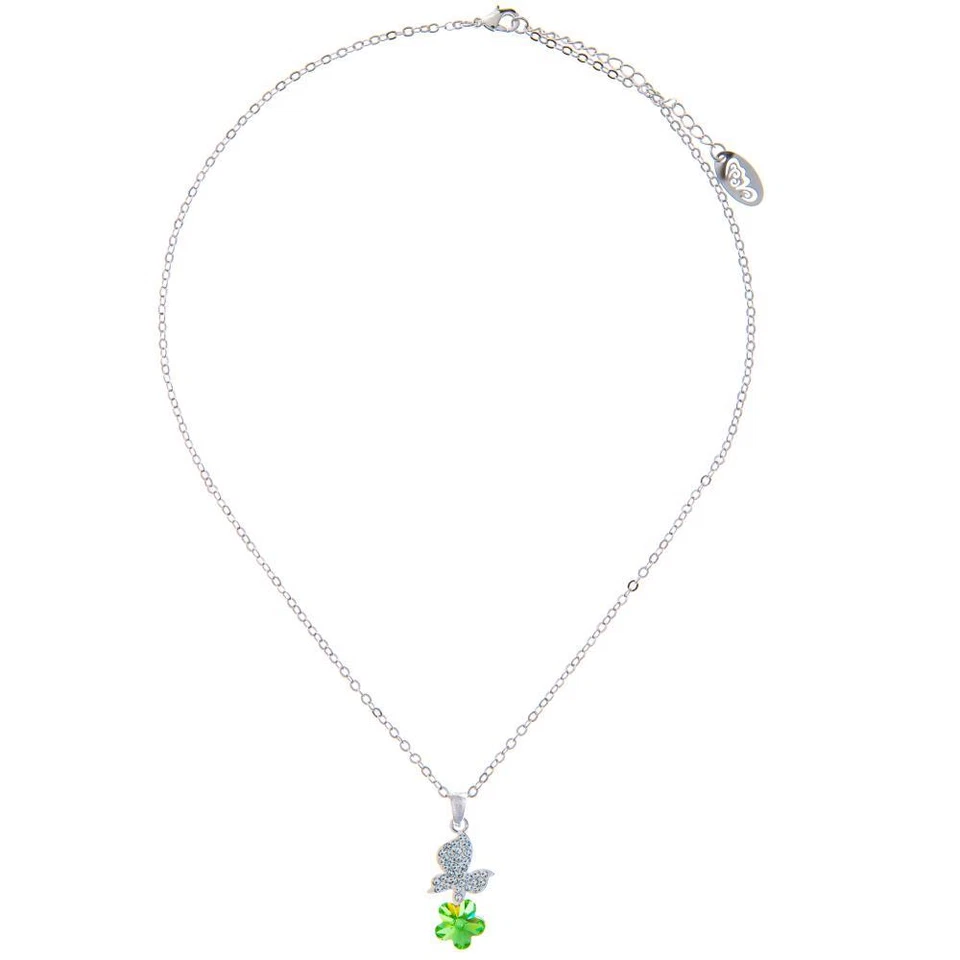 16» родия покрытием ожерелье с бабочка, цветок и зеленый кристаллы, идеальный подарок - Изображение 3 из 4