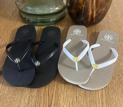 TORY BURCH Flip Flops 6 7 8 9 10 Black Tan White Flat Thin Strap Beach Sandals