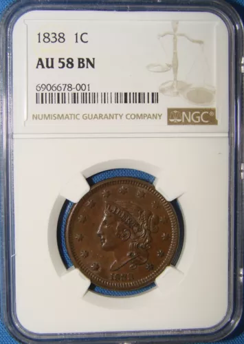 *BEAUTIFUL LOOKING 1838 MATRON HEAD LARGE CENT - AU-58BN NGC*