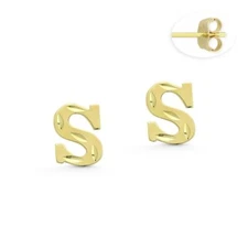 New 14k Real Yellow Gold Initial Letters Stud Earrings For Women Kids Baby Girls