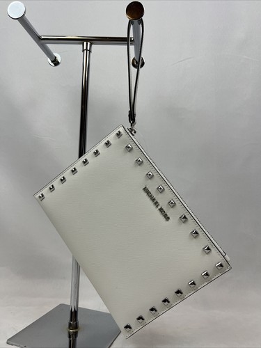 MICHAEL KORS JET SET TRAVEL XL CLUTCH WRISTLET OPTIC WHITE SILVER STUDS $198 NWT - Picture 1 of 2