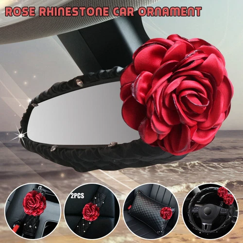 Bling Diamante Rose Faux Leather Cover Car Accessories Universal Interior Decor