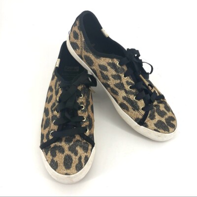 Women's Gold Keds For Kate Spade Leopard Print Tie Up Shoes
