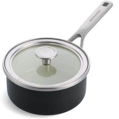 KitchenAid 1,3L Kochtopf Stahlkern Emaille Schwarz Kochgeschirr Pfanne mit Glasdeckel