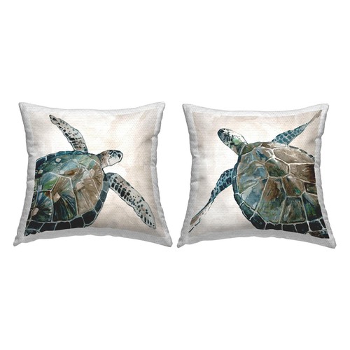 Beige Sea Life Tortoises Outdoor Printed Pillow, 18 x 18, Brown