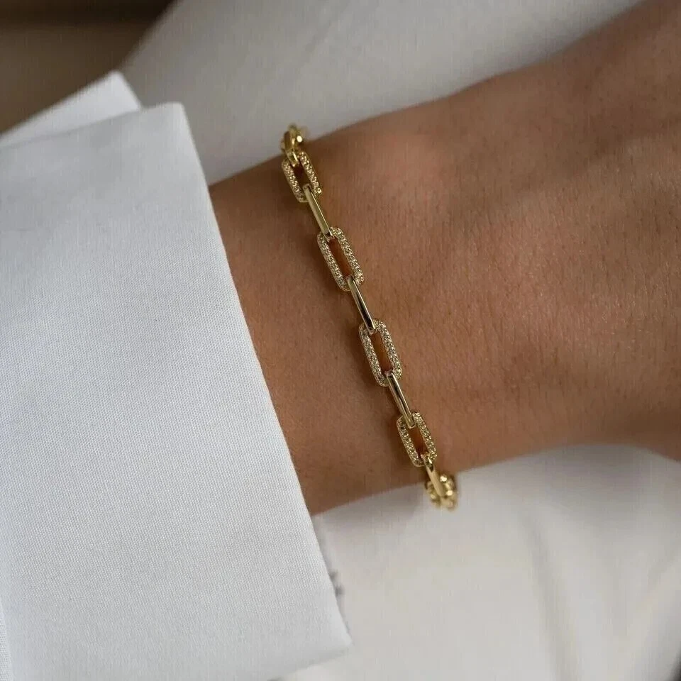 2Ct Round Cut Real Moissanite Women's Paperclip Bracelet 14K Yellow Gold Plated
