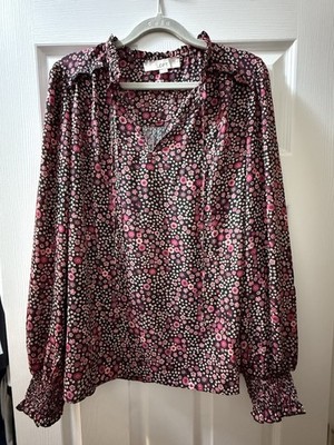 Womens Ann Taylor Loft Black Berry Floral Long Sleeve Dress Blouse Size Large