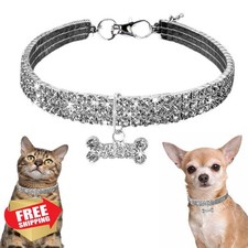 Diamond Dog Necklace XSmall, Crystal Bling Cat Collar with Bone